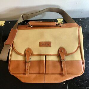 Barbour Satchel Laptop Shoulder Bag Genuine Leather & Cotton Canvass Pre-Owned